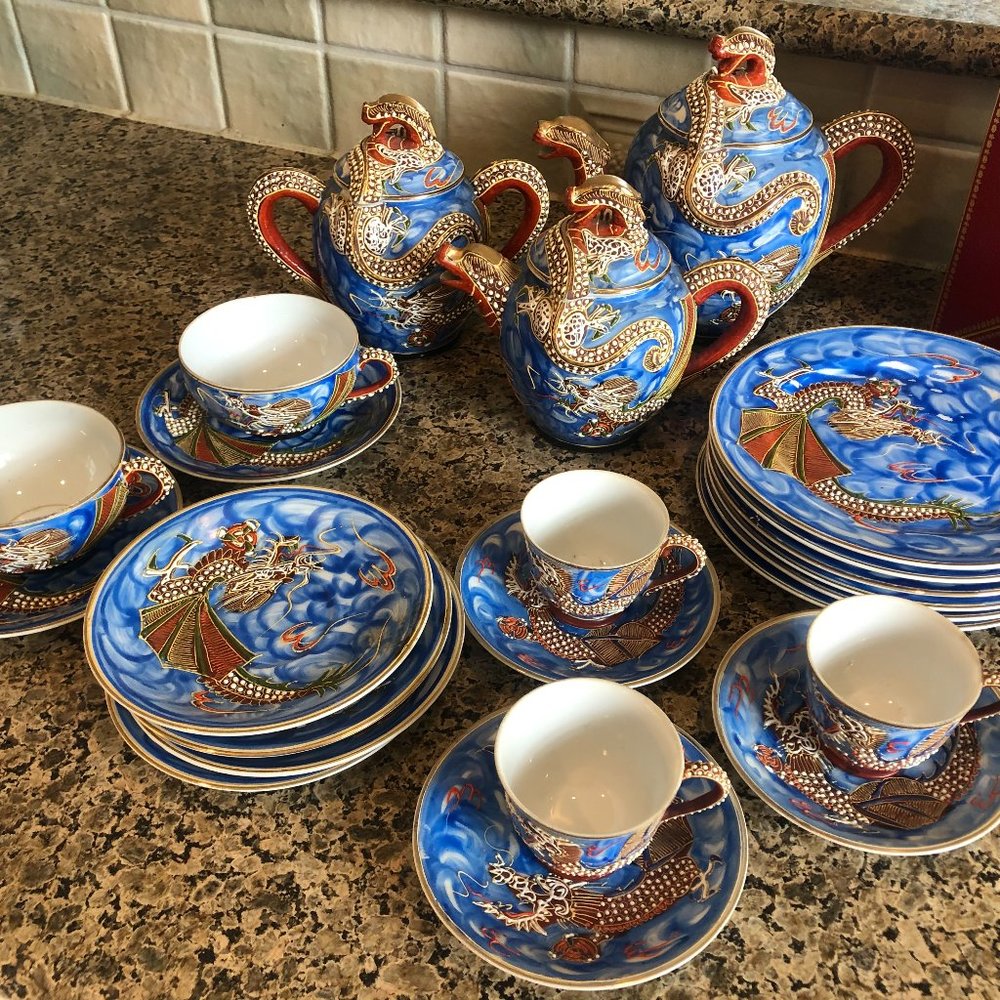 Vintage Japanese cobalt blue tea set 23 piece MINT